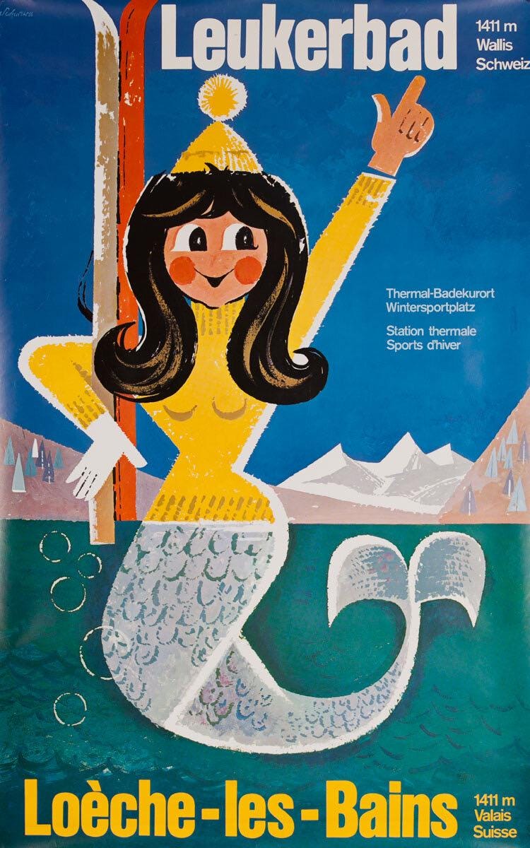 Original Leukerbad Loèche-les-Bains Poster, Emil Schulthess, Swiss Mermaid Ski Travel Poster