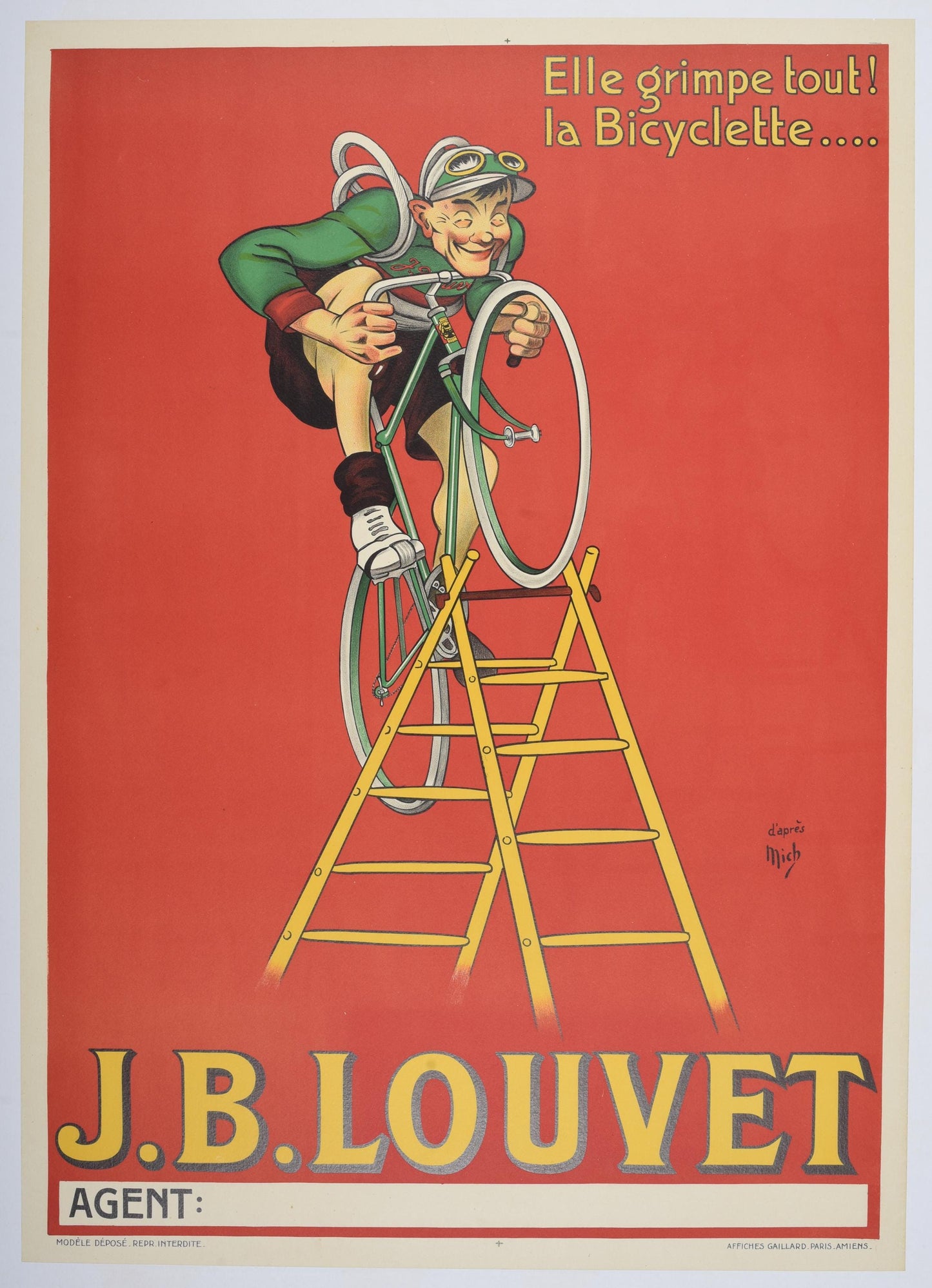Original J.B. Louvet Bicycle Poster by Mich, French Cycling Advertising Poster, Linen Backed