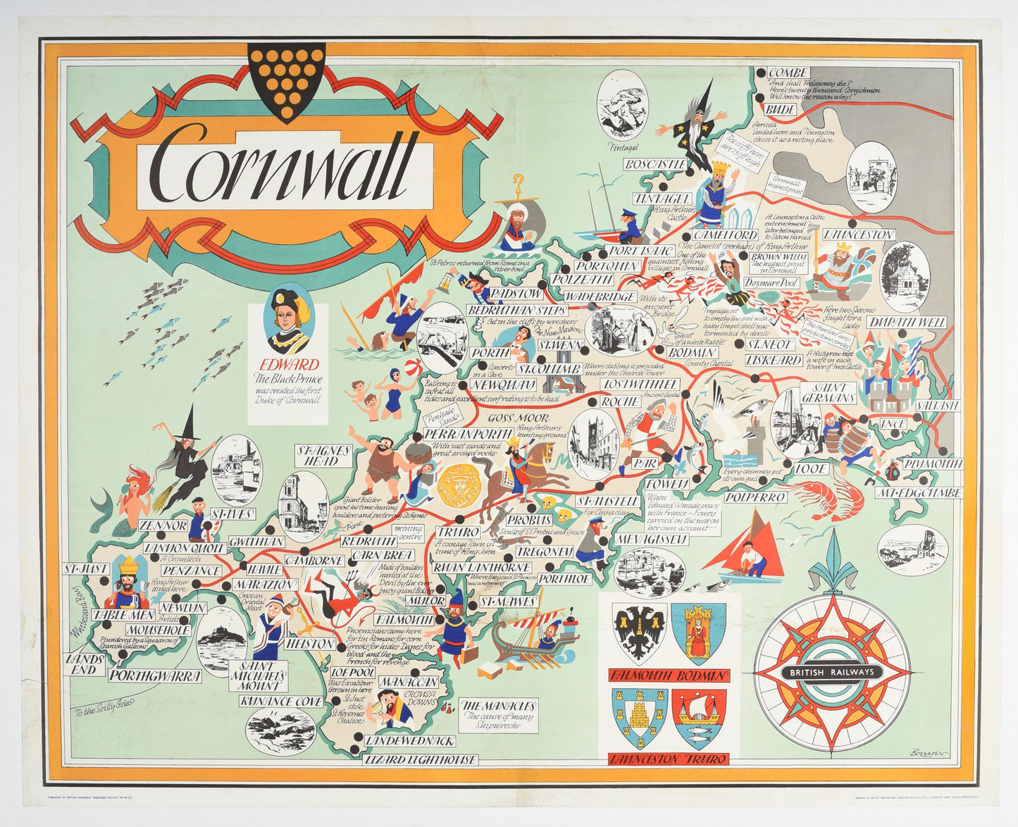 Original Cornwall British Railways Poster by William Bowyer, Pictorial Map Travel Poster, c.1950