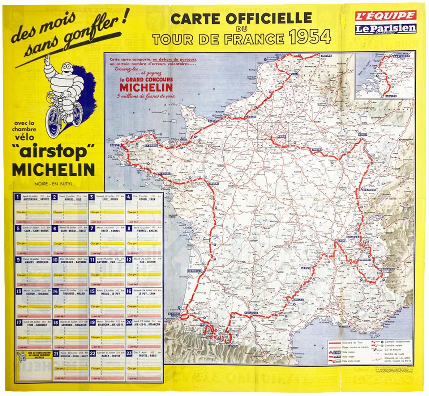 Original 1954 Tour de France Official Route Map, Michelin L'Équipe Le Parisien Cycling Guide