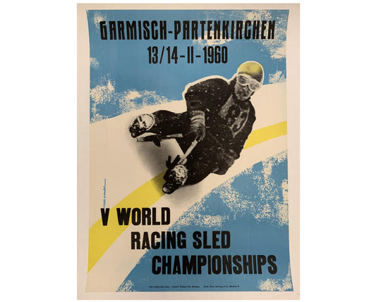1960 Garmisch-Partenkirchen Luge Worlds - Original German Winter Sports Poster (84x60.9 cm, Linen-Backed)