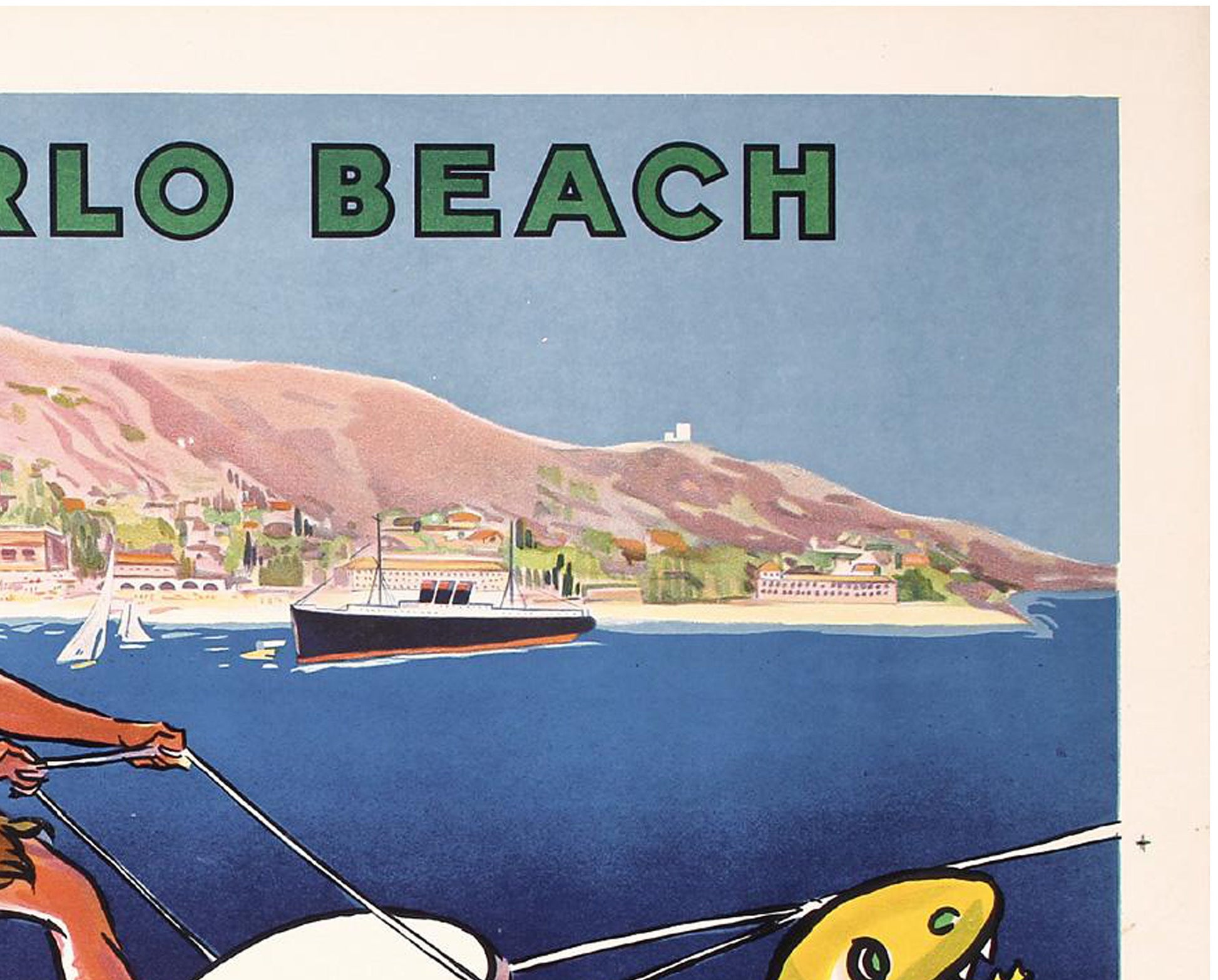 1935 Monte Carlo Beach Travel Poster: SEM Riviera Art Deco Lithograph - linen backed