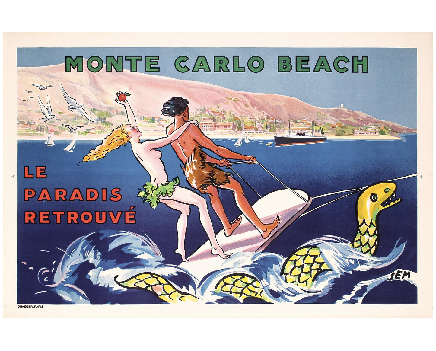 1935 Monte Carlo Beach Travel Poster: SEM Riviera Art Deco Lithograph - linen backed