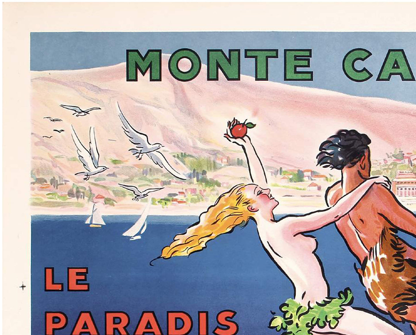 1935 Monte Carlo Beach Travel Poster: SEM Riviera Art Deco Lithograph - linen backed