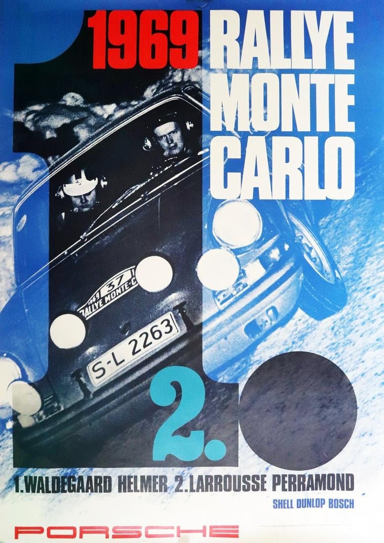 Vintage 1969 Porsche Poster: Rallye Monte Carlo, Erich Strenger Design