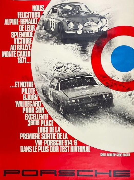 Vintage 1971 Porsche 914/6 Monte Carlo Rally Poster