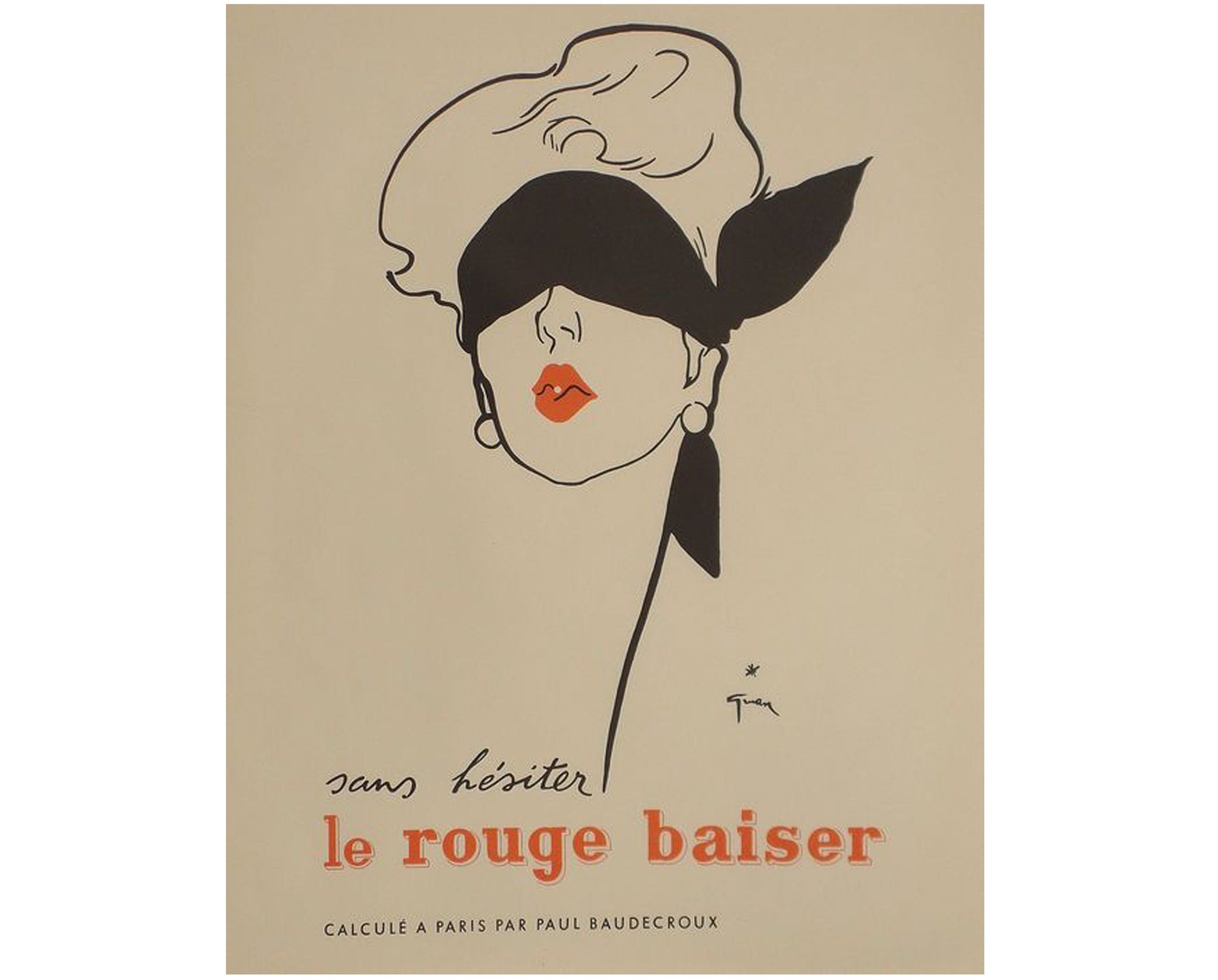 1949 René Gruau "Le Rouge Baiser" - Original French Fashion Advertising Poster (56x44 cm)