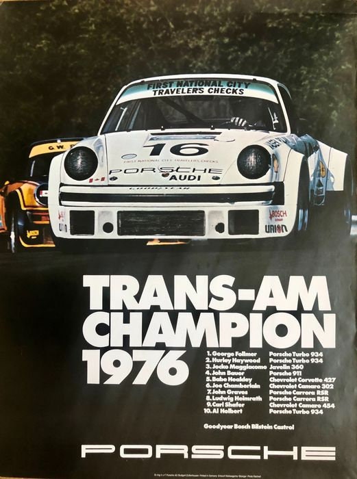 Original Porsche Trans-Am Champion 1976 Factory Poster, Erich Strenger, Porsche 934 Turbo, Motorsport Art