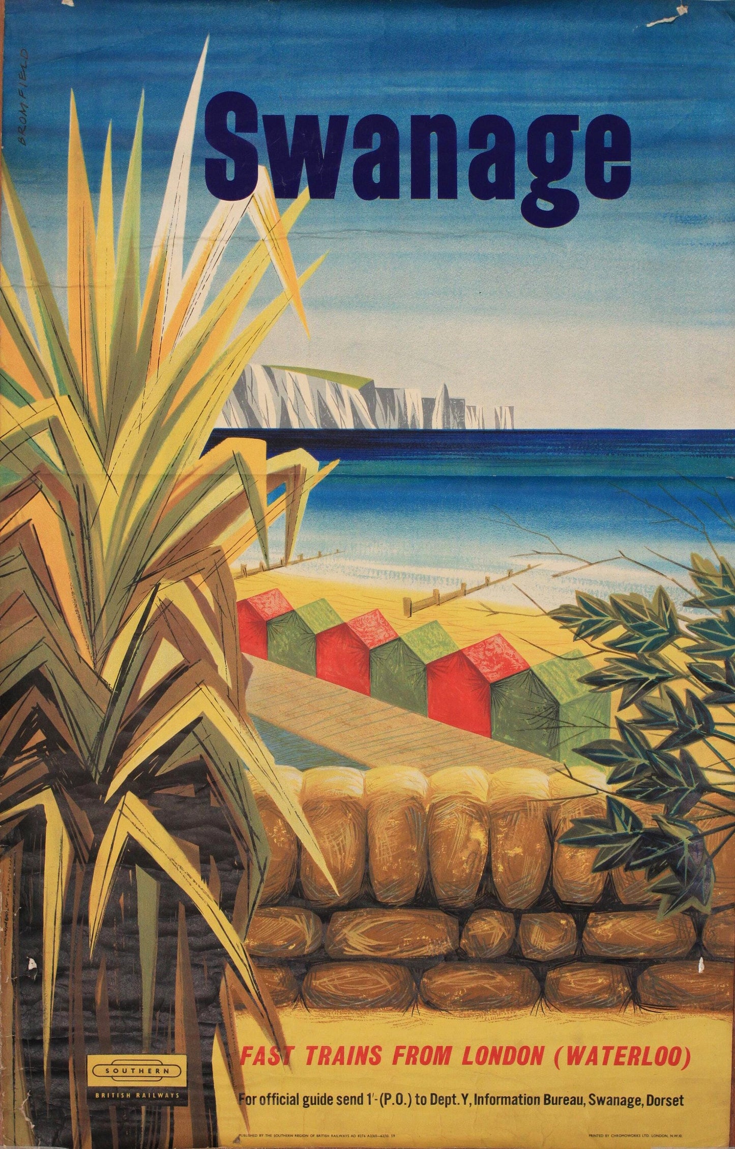 Vintage 1950s Swanage Travel Poster - Kenneth Bromfield, British Railways (100.5x62.5 cm)