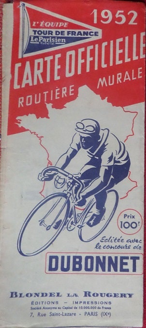 Original 1952 Tour de France Official Route Map, Vintage Dubonnet Cycling Ephemera