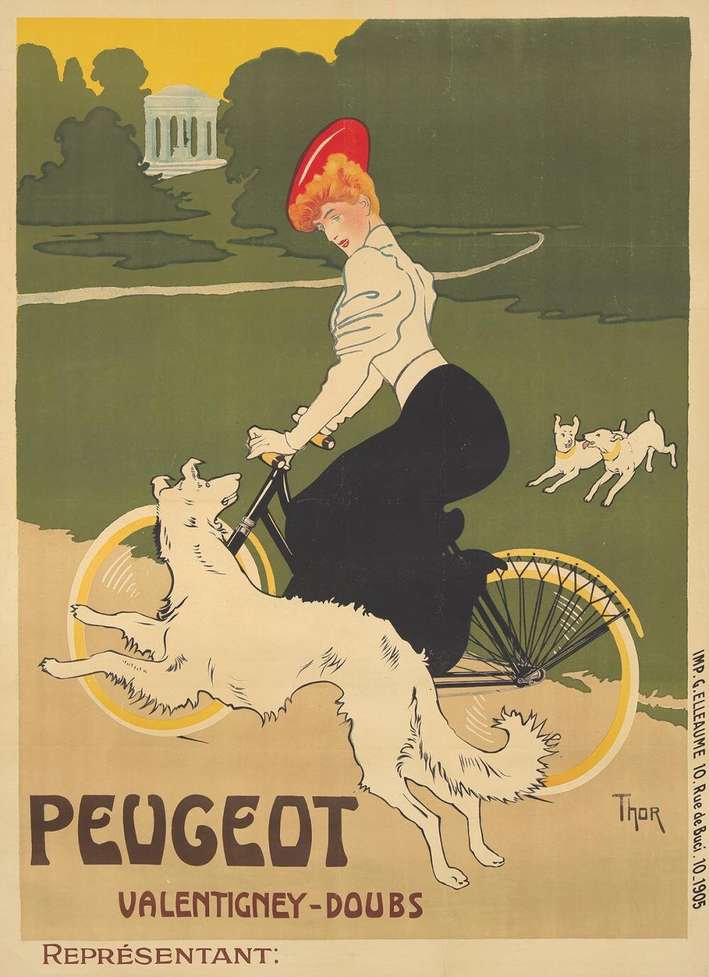 Original 1905 Peugeot Poster by Thor, Large French Bicycle Lithograph, Linen Backed