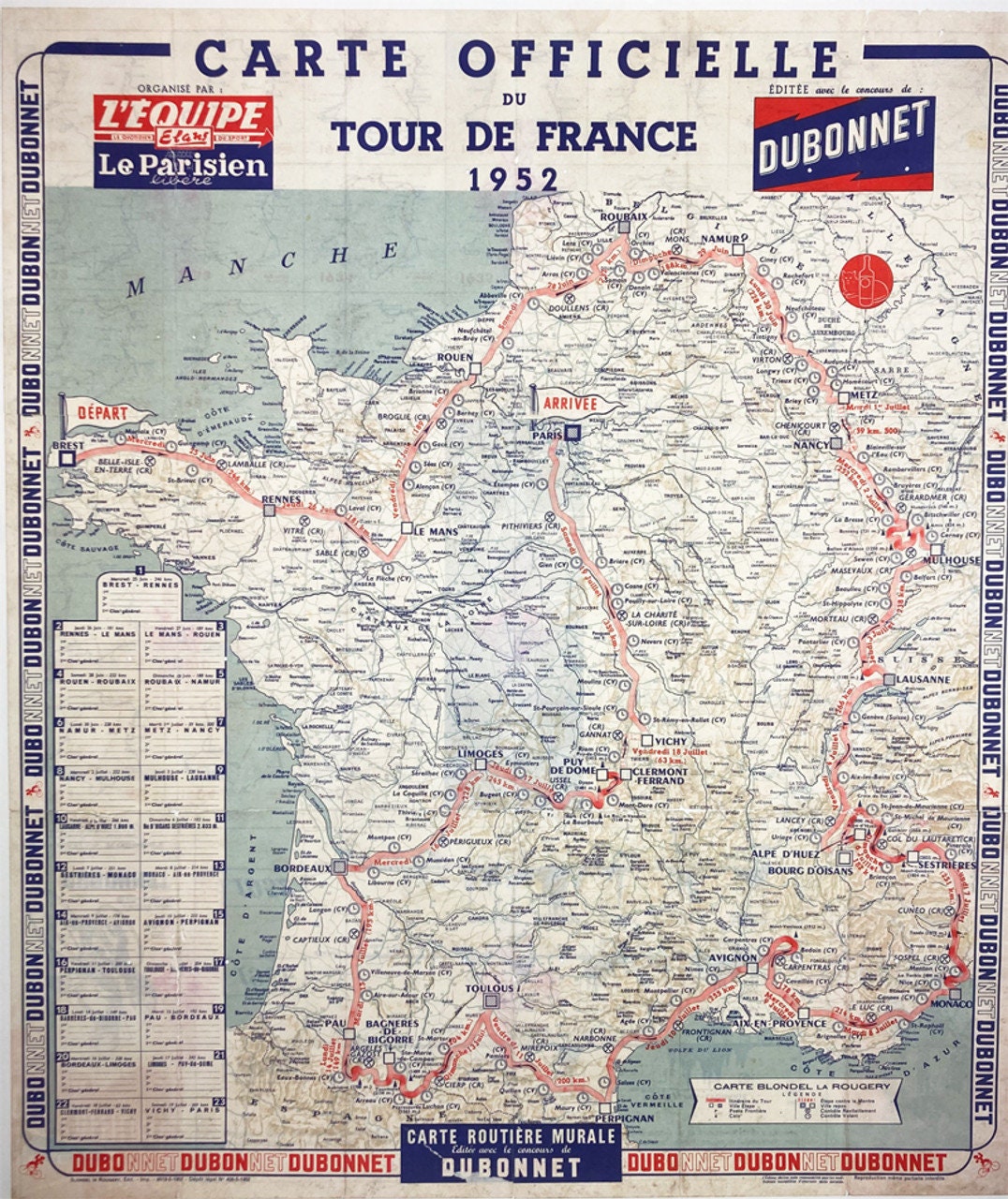 Original 1952 Tour de France Official Route Map, Vintage Dubonnet Cycling Ephemera