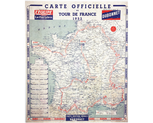 Original 1952 Tour de France Official Route Map, Vintage Dubonnet Cycling Ephemera