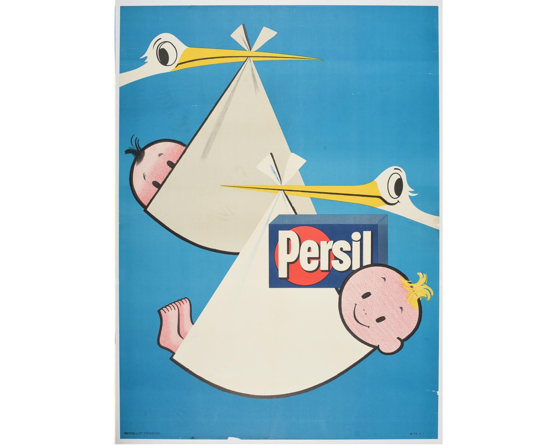 1960 Persil "Stork & Baby" - Original French Advertising Poster (157x115 cm, Linen-Backed)