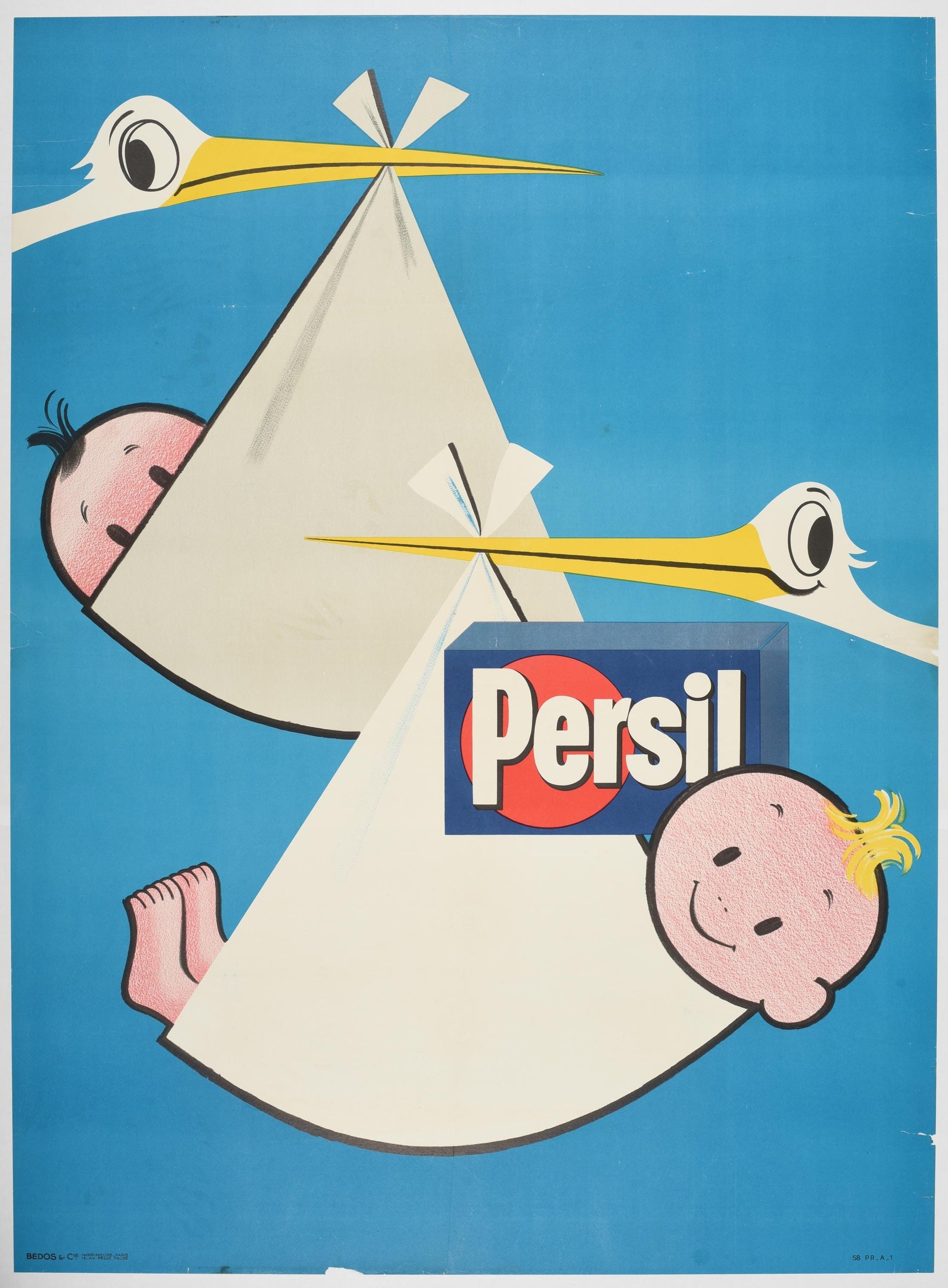 1960 Persil "Stork & Baby" - Original French Advertising Poster (157x115 cm, Linen-Backed)