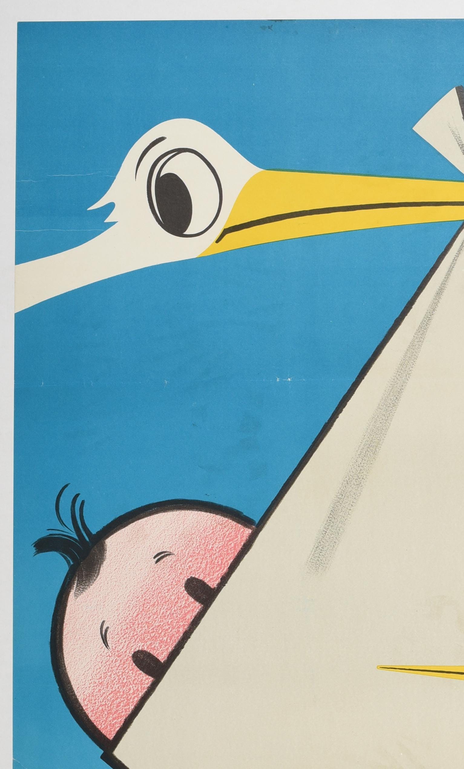 1960 Persil "Stork & Baby" - Original French Advertising Poster (157x115 cm, Linen-Backed)