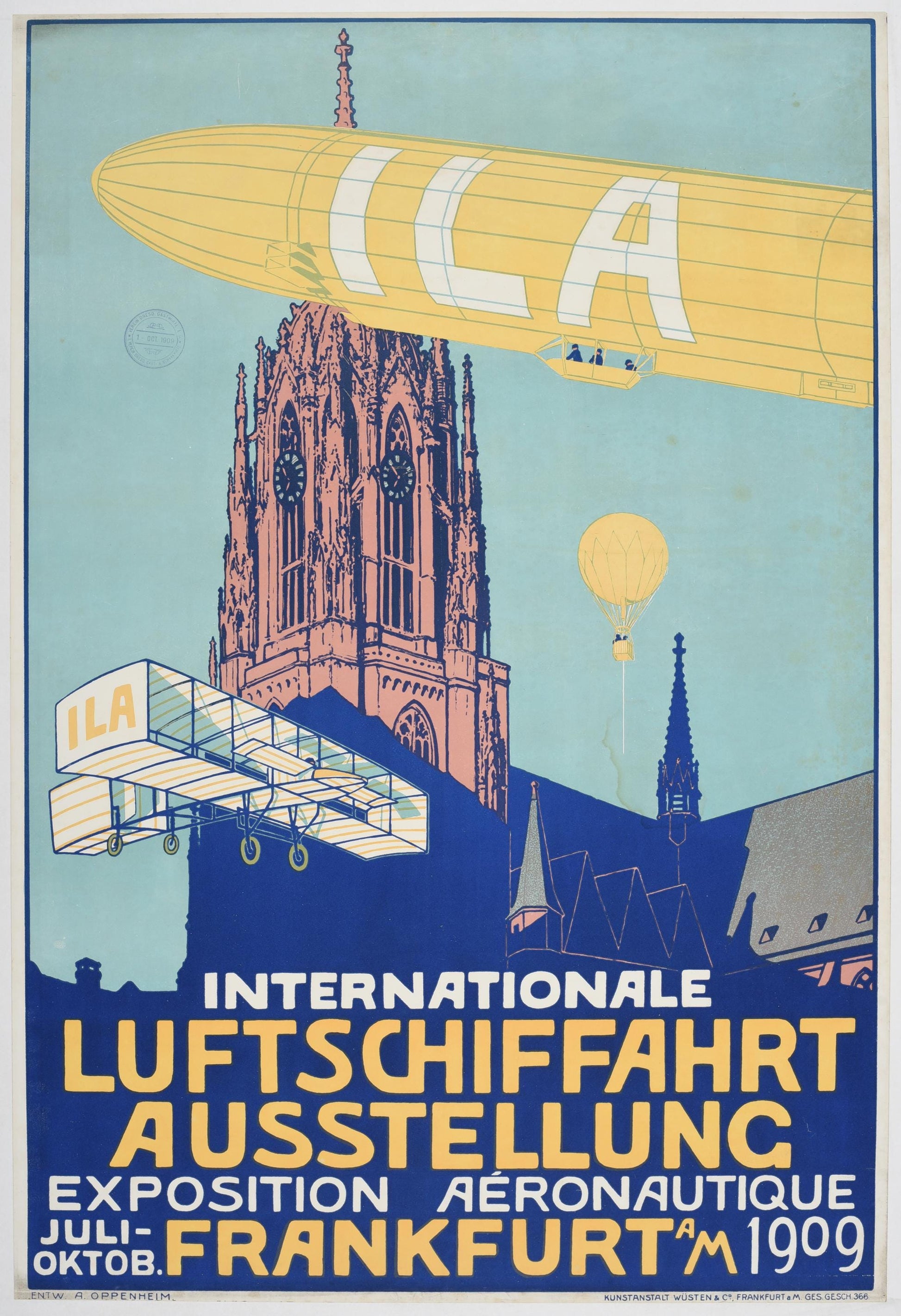 1909 ILA Frankfurt Aviation Poster: Zeppelin, Biplane, Balloon - Linen-Backed
