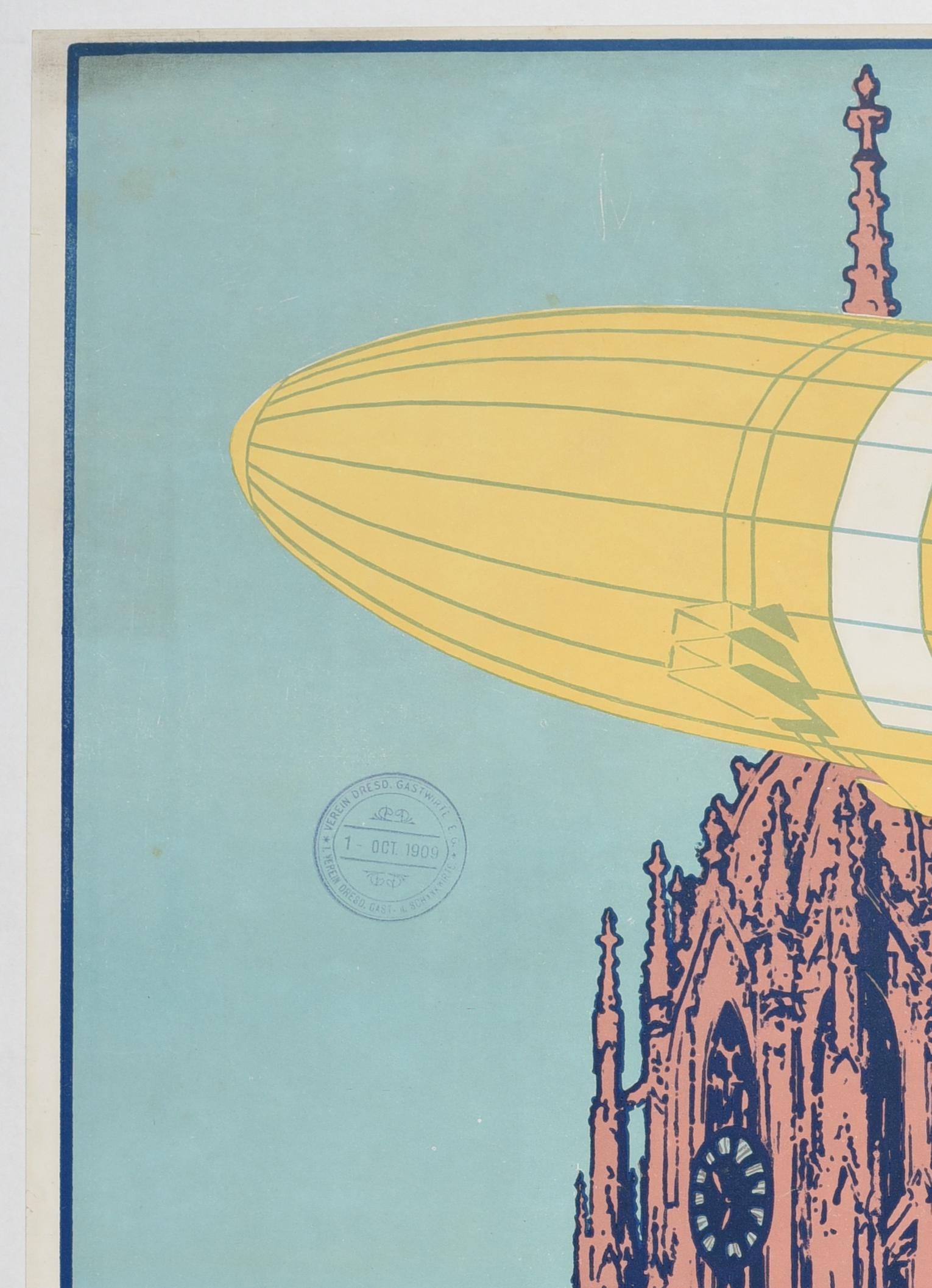 1909 ILA Frankfurt Aviation Poster: Zeppelin, Biplane, Balloon - Linen-Backed
