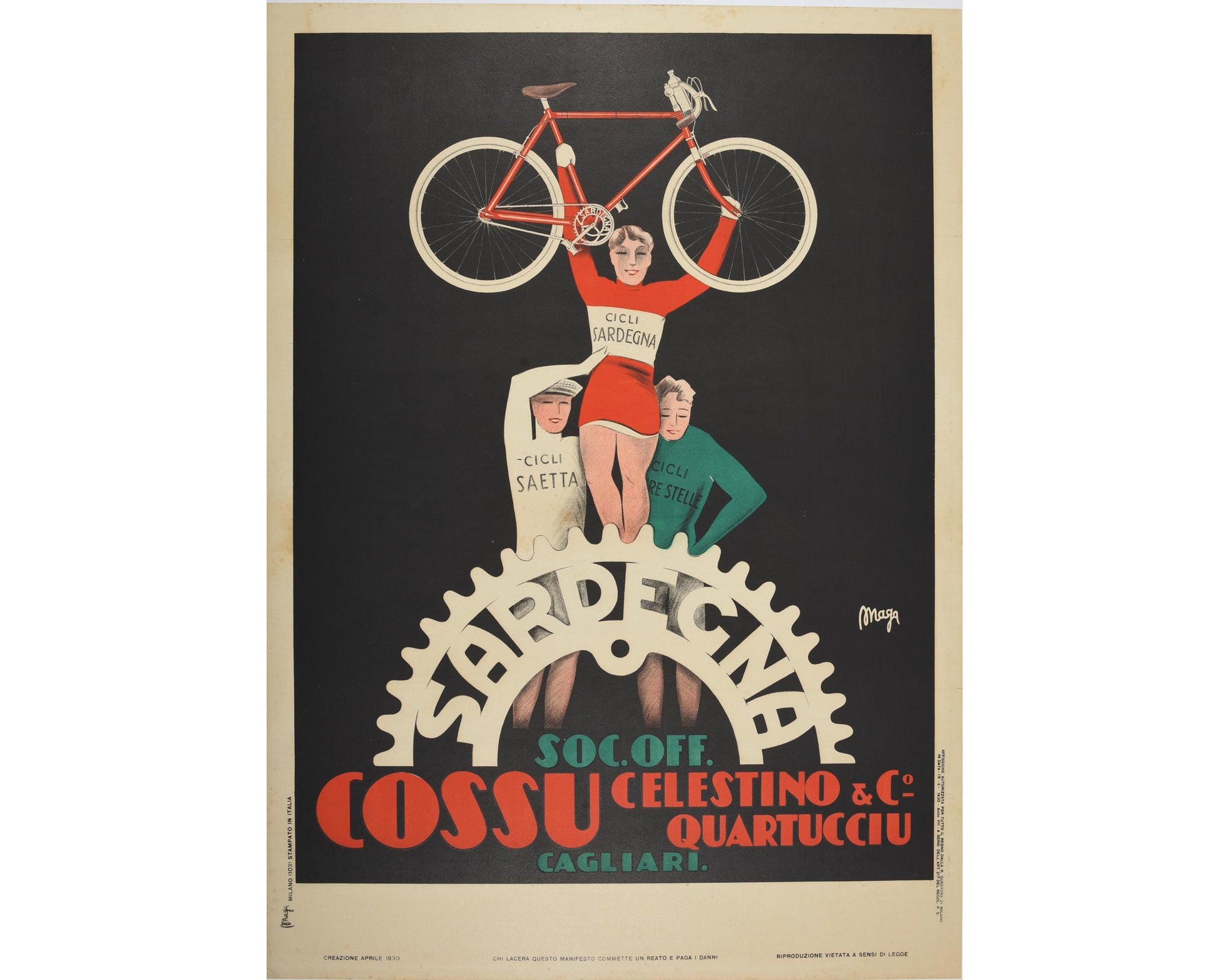 Vintage Italian Cycling Poster: Cicli Cossu Sardegna, 1930s Lithograph