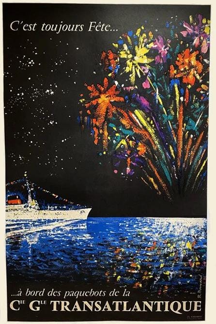 Vintage 1950s Compagnie Générale Transatlantique Poster - René Bouvard (Linen-Backed, 98x63 cm)