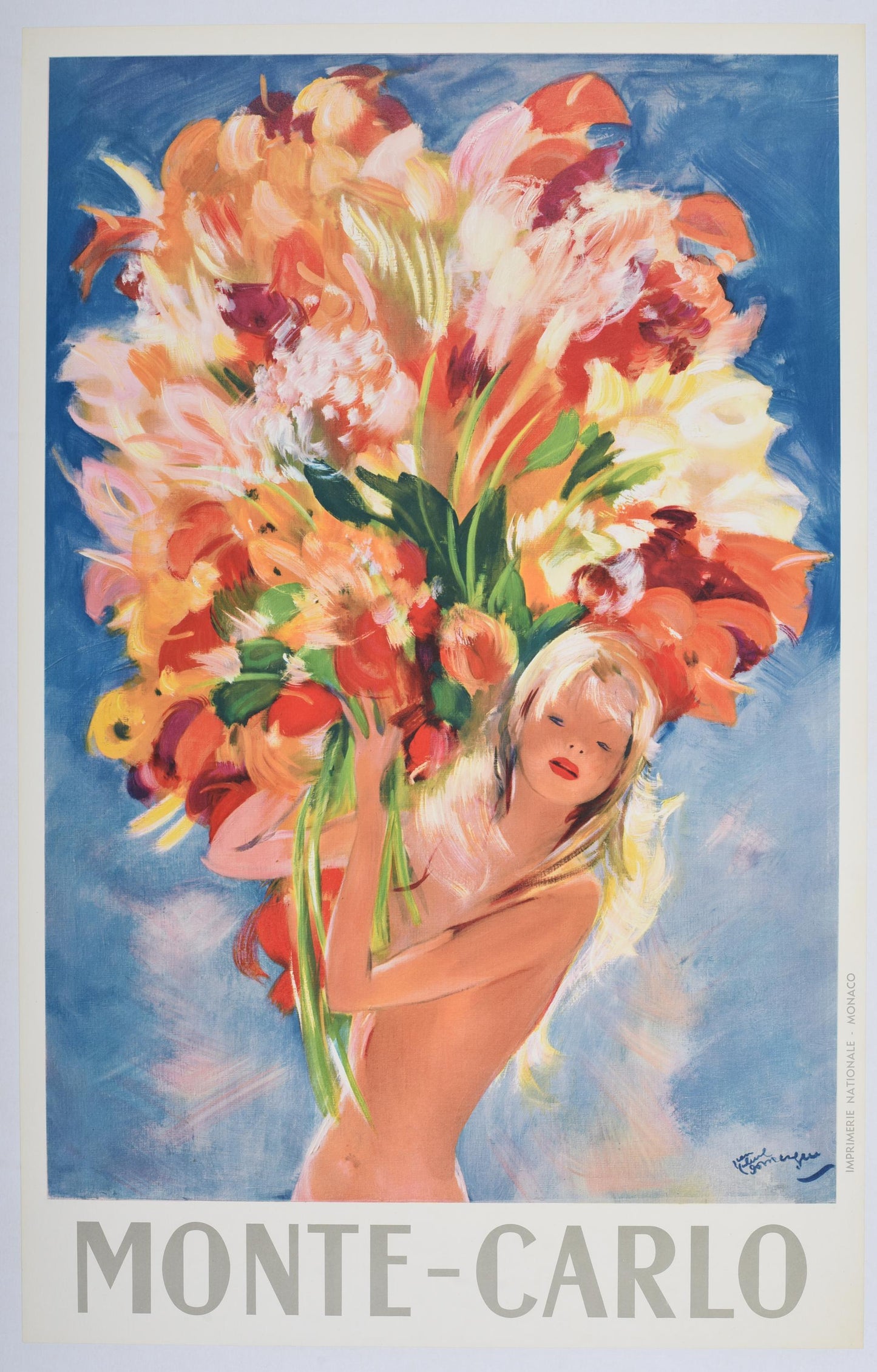 1950s Jean-Gabriel Domergue "Monte-Carlo - Flower Girl" - Original French Travel Poster (99x62 cm, Linen-Backed)