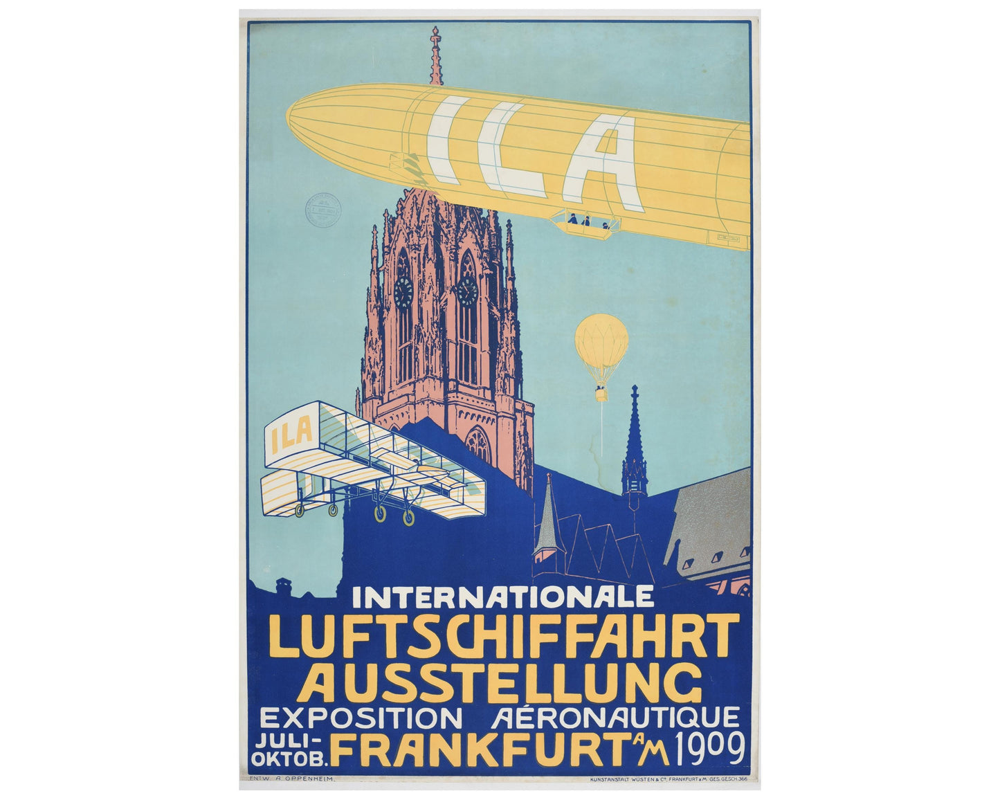1909 ILA Frankfurt Aviation Poster: Zeppelin, Biplane, Balloon - Linen-Backed