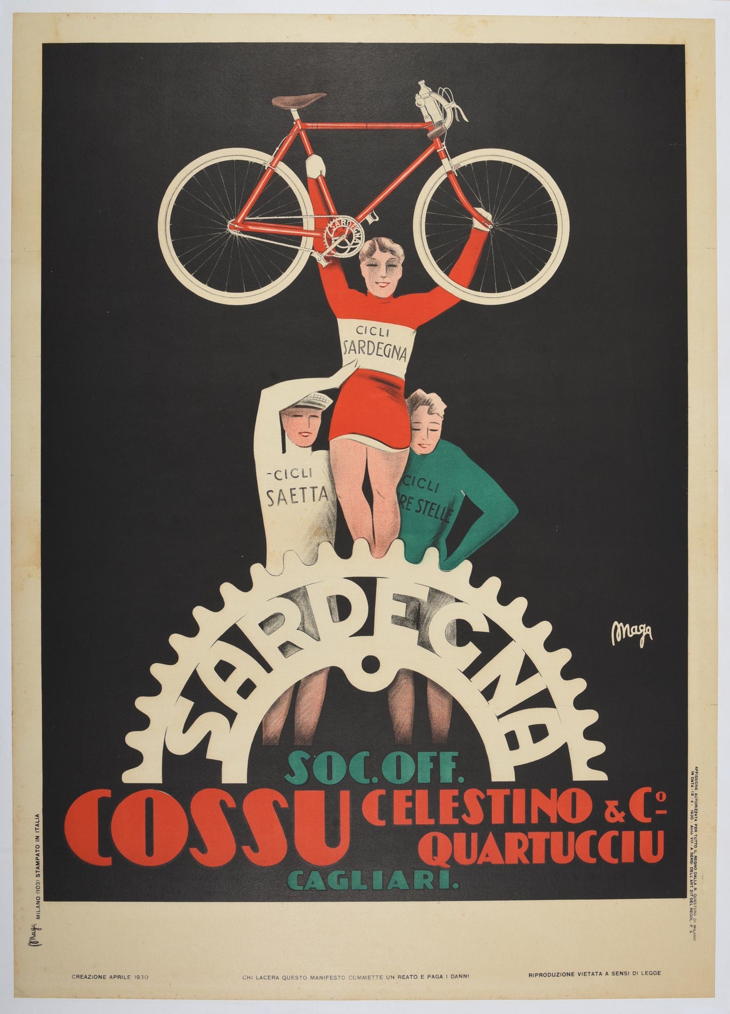 Vintage Italian Cycling Poster: Cicli Cossu Sardegna, 1930s Lithograph