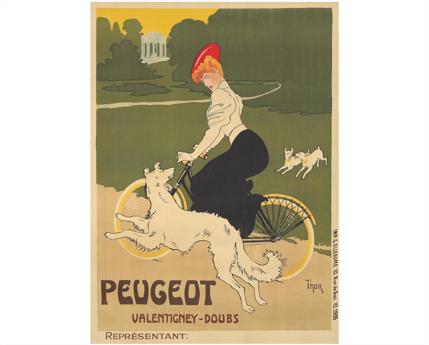 Original 1905 Peugeot Poster by Thor, Large French Bicycle Lithograph, Linen Backed