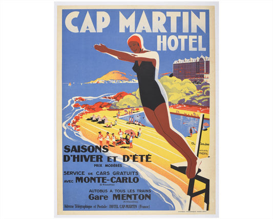 Cap Martin Hotel Original Poster, French Riviera Travel Art, Linen Backed circa 1917