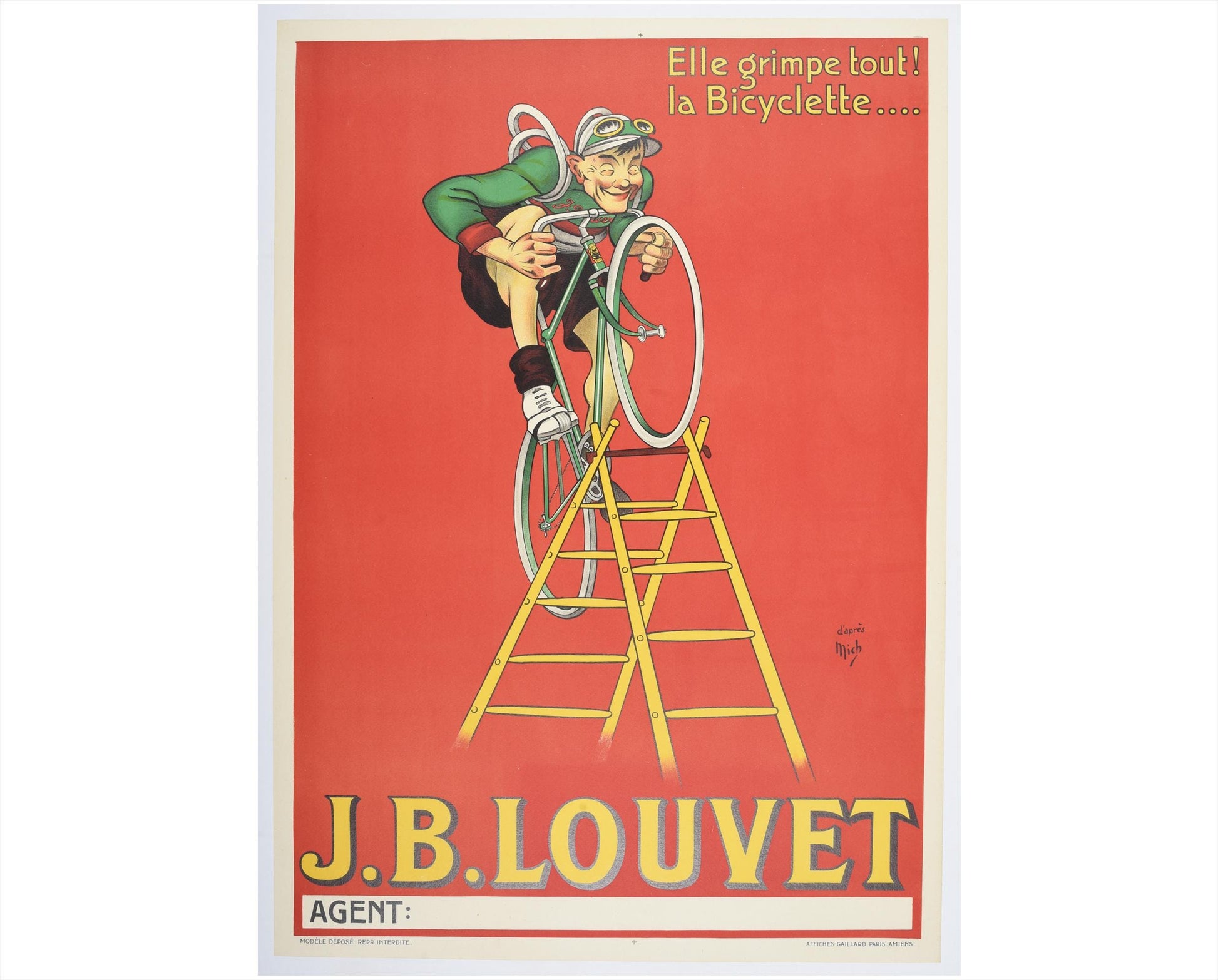 Original J.B. Louvet Bicycle Poster by Mich, French Cycling Advertising Poster, Linen Backed