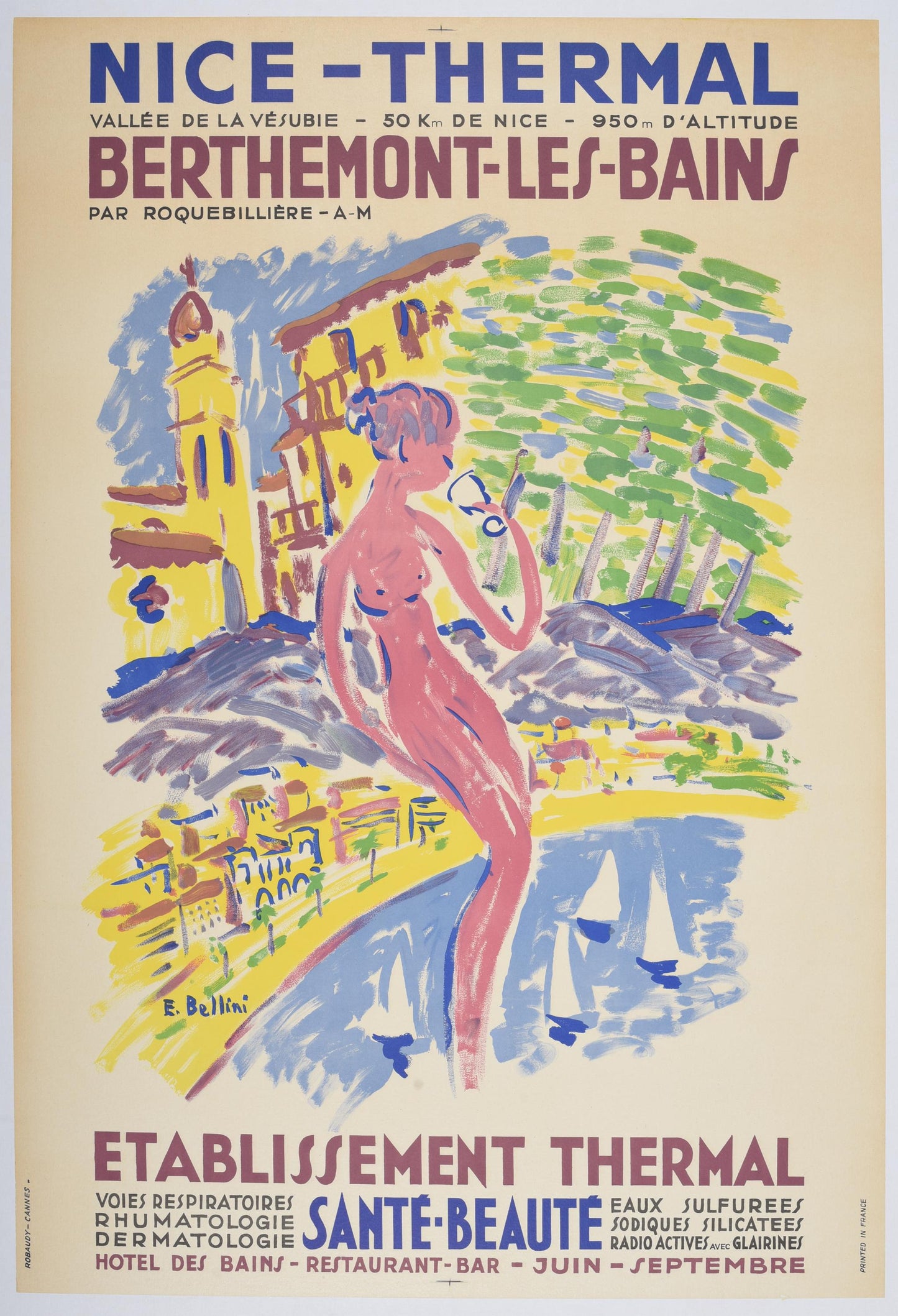 Original Nice Thermal Berthemont-les-Bains Poster by Emmanuel Bellini, French Riviera Spa Travel Poster