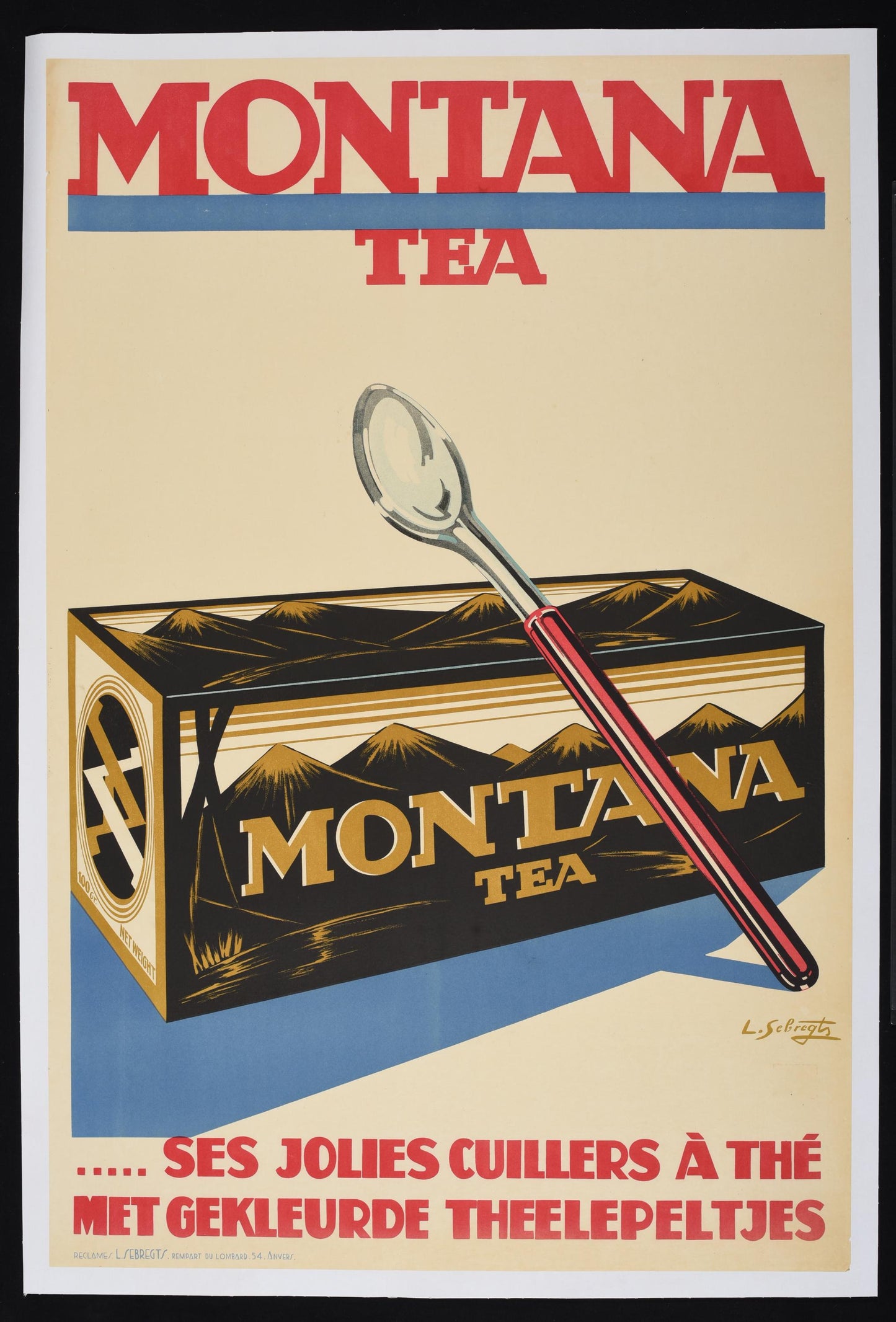 Montana Tea Original Belgian Poster, Lode Sebregts Art Deco Tea Advertisement, Circa 1930
