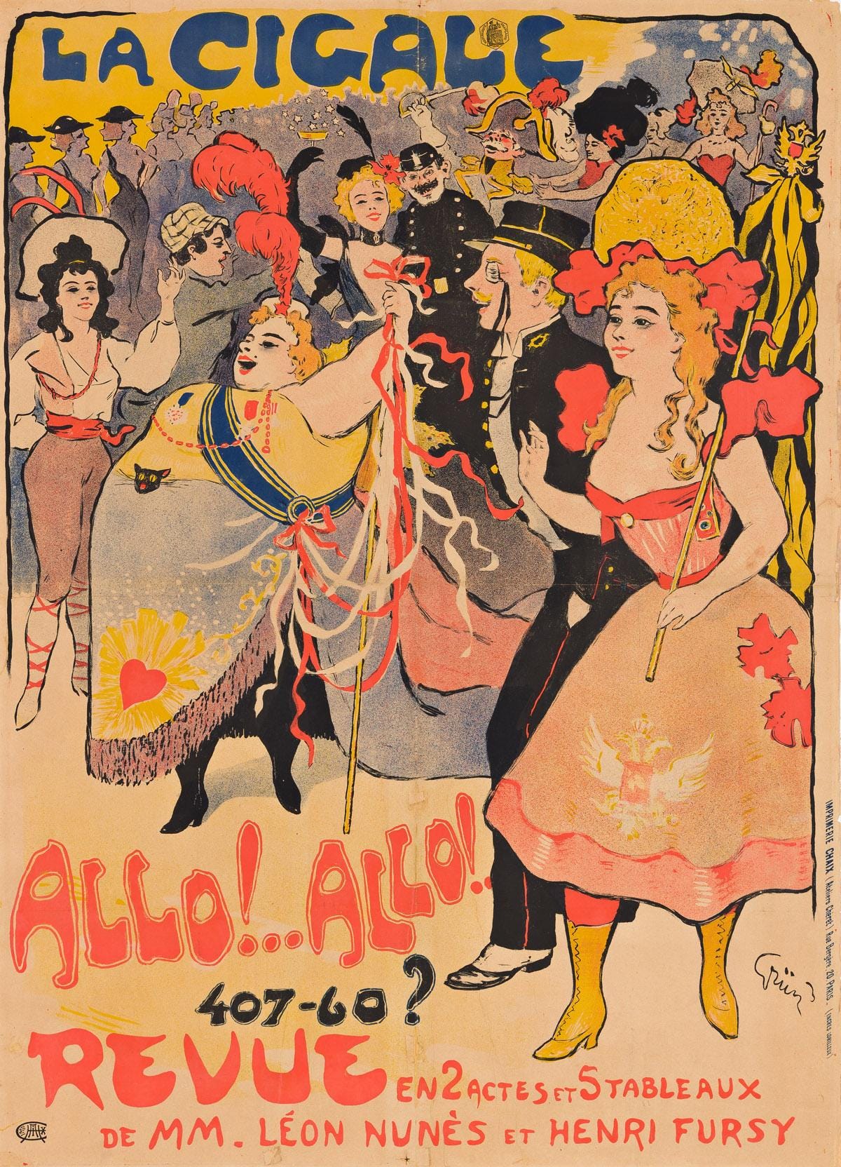 Original La Cigale Allo! Allo! Poster, Jules-Alexandre Grün, Belle Époque French Theatre Poster
