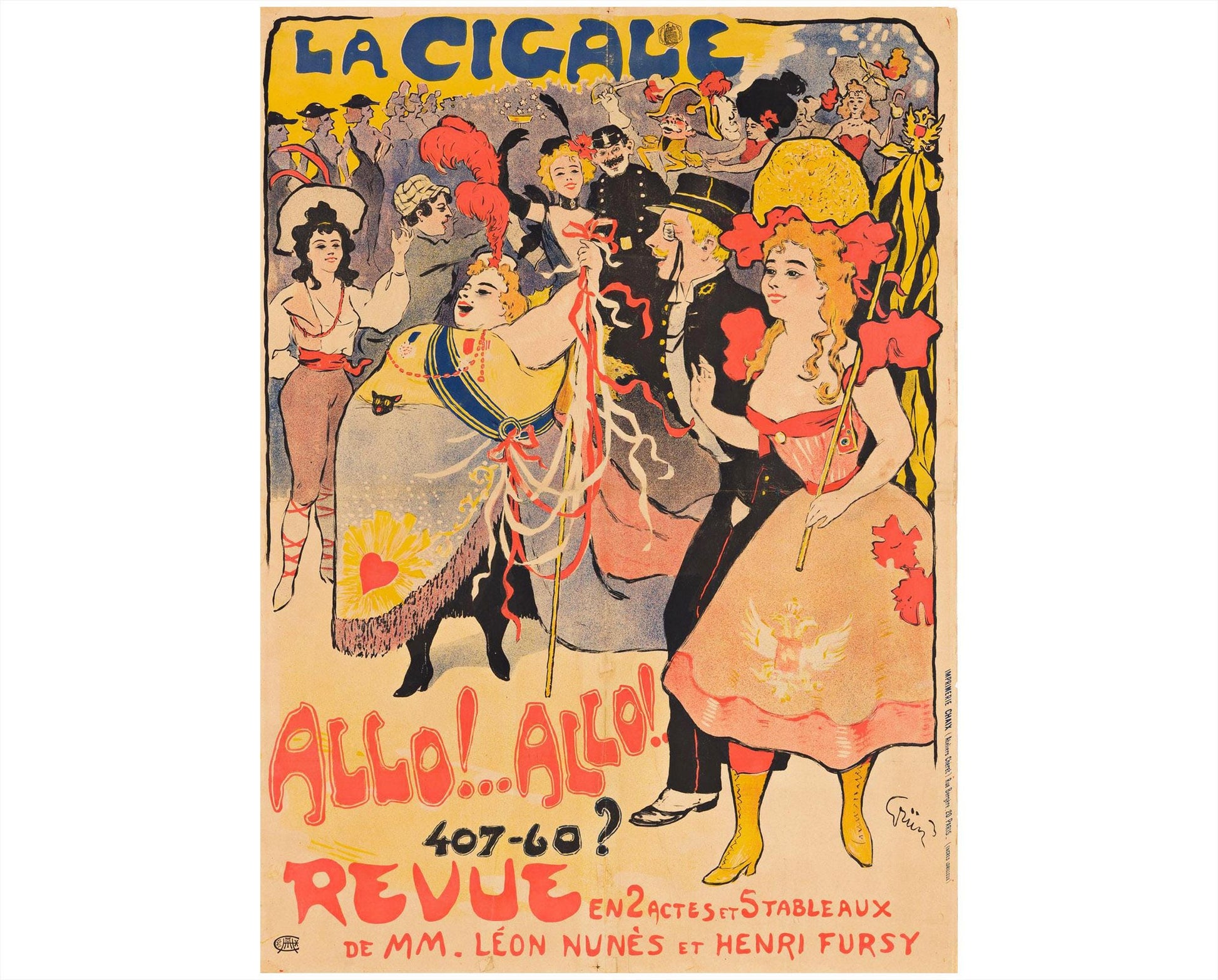 Original La Cigale Allo! Allo! Poster, Jules-Alexandre Grün, Belle Époque French Theatre Poster
