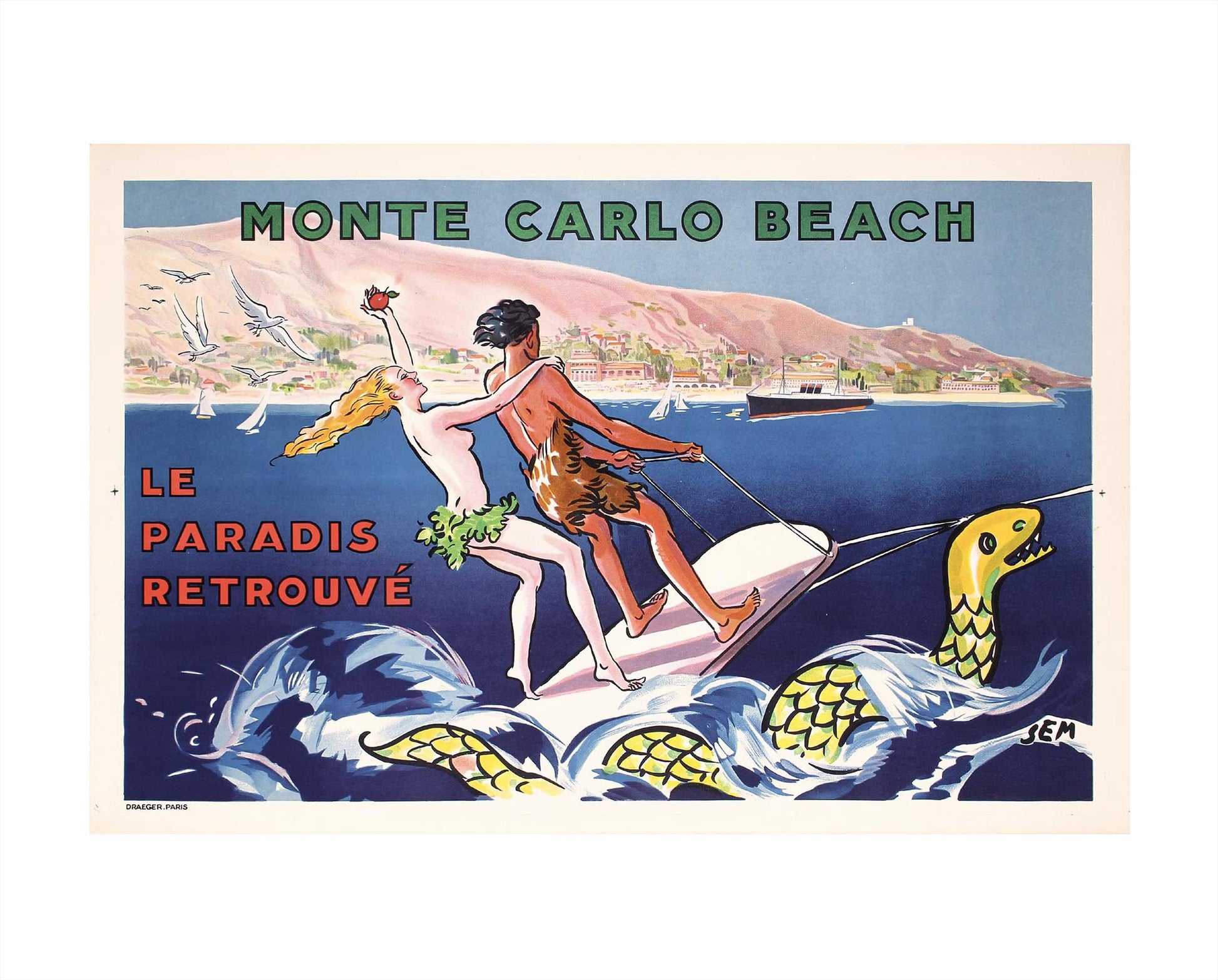 1935 Monte Carlo Beach Travel Poster: SEM Riviera Art Deco Lithograph - linen backed