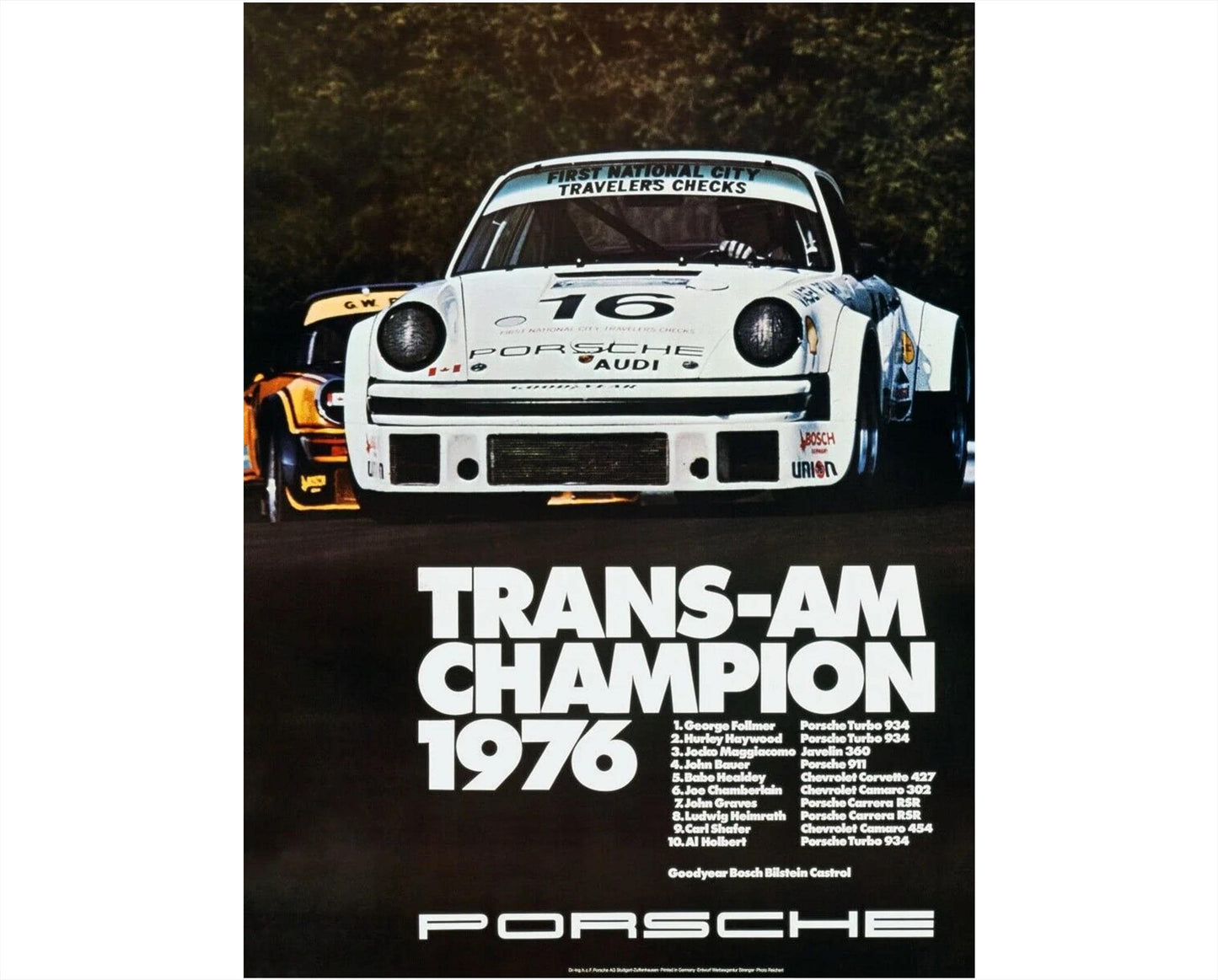 Original Porsche Trans-Am Champion 1976 Factory Poster, Erich Strenger, Porsche 934 Turbo, Motorsport Art