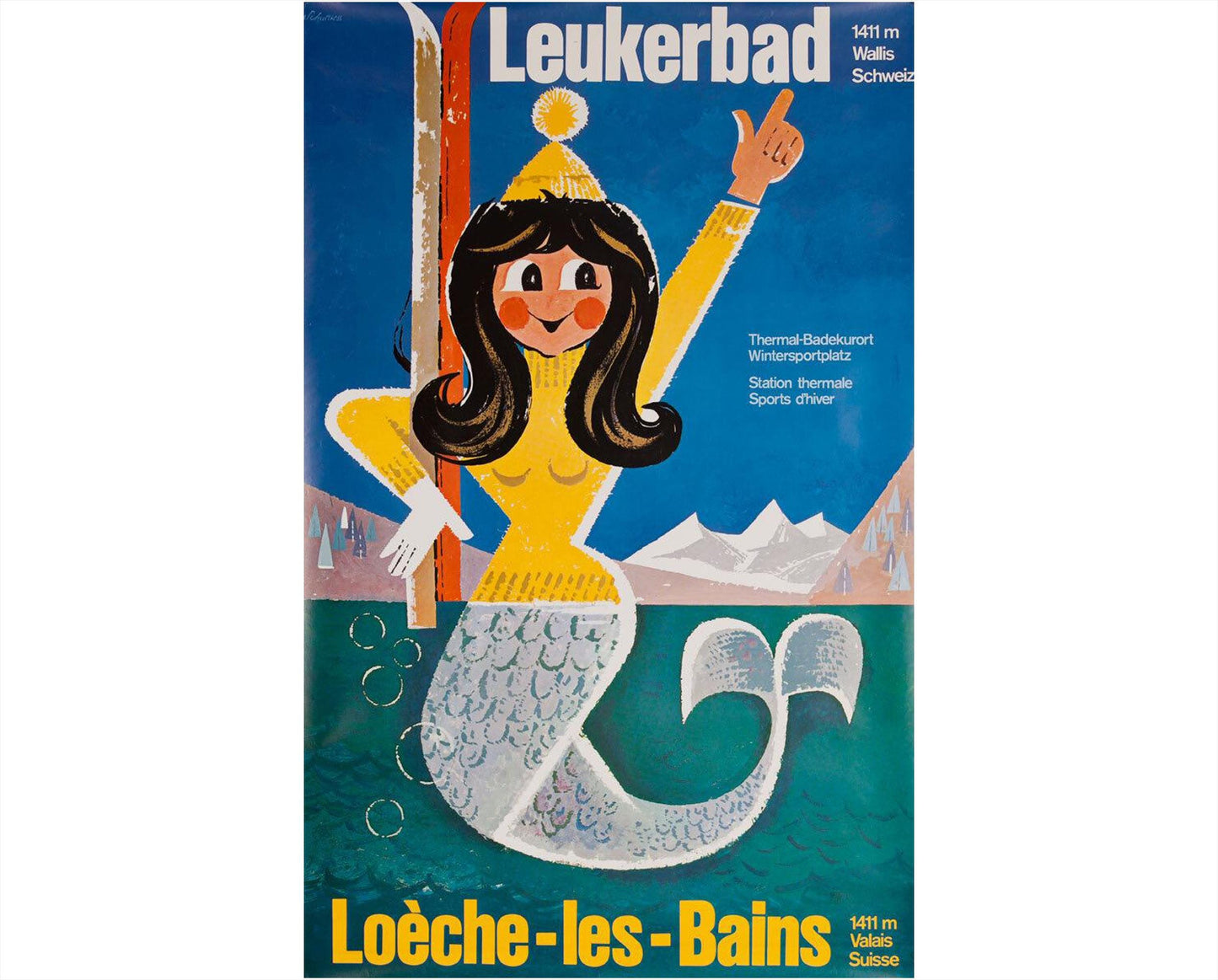 Original Leukerbad Loèche-les-Bains Poster, Emil Schulthess, Swiss Mermaid Ski Travel Poster