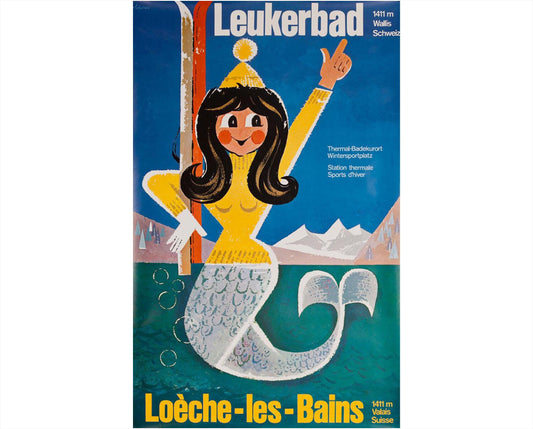 Original Leukerbad Loèche-les-Bains Poster, Emil Schulthess, Swiss Mermaid Ski Travel Poster