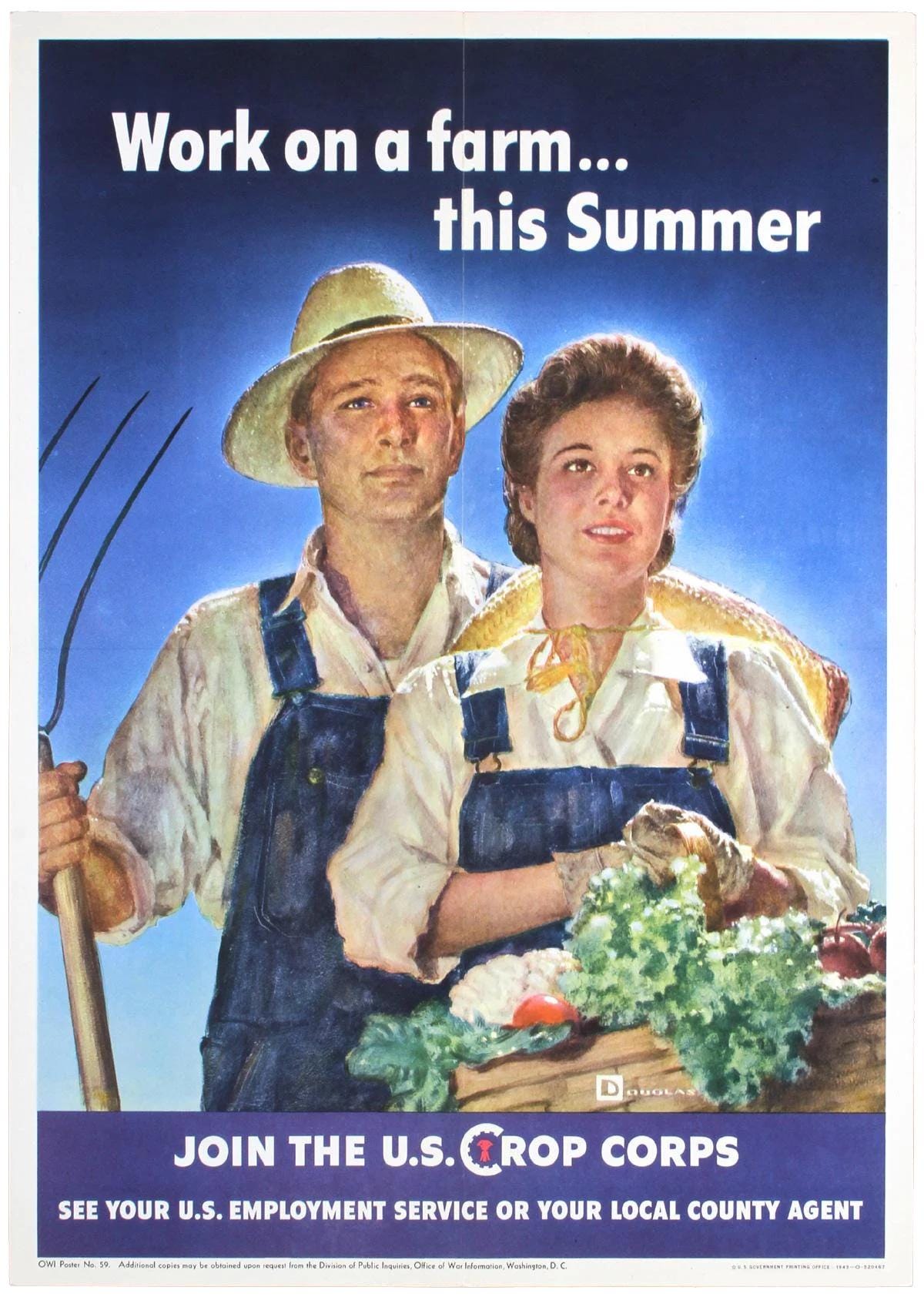 Original 1943 Work on a Farm This Summer Poster, U.S. Crop Corps WWII Farm Poster