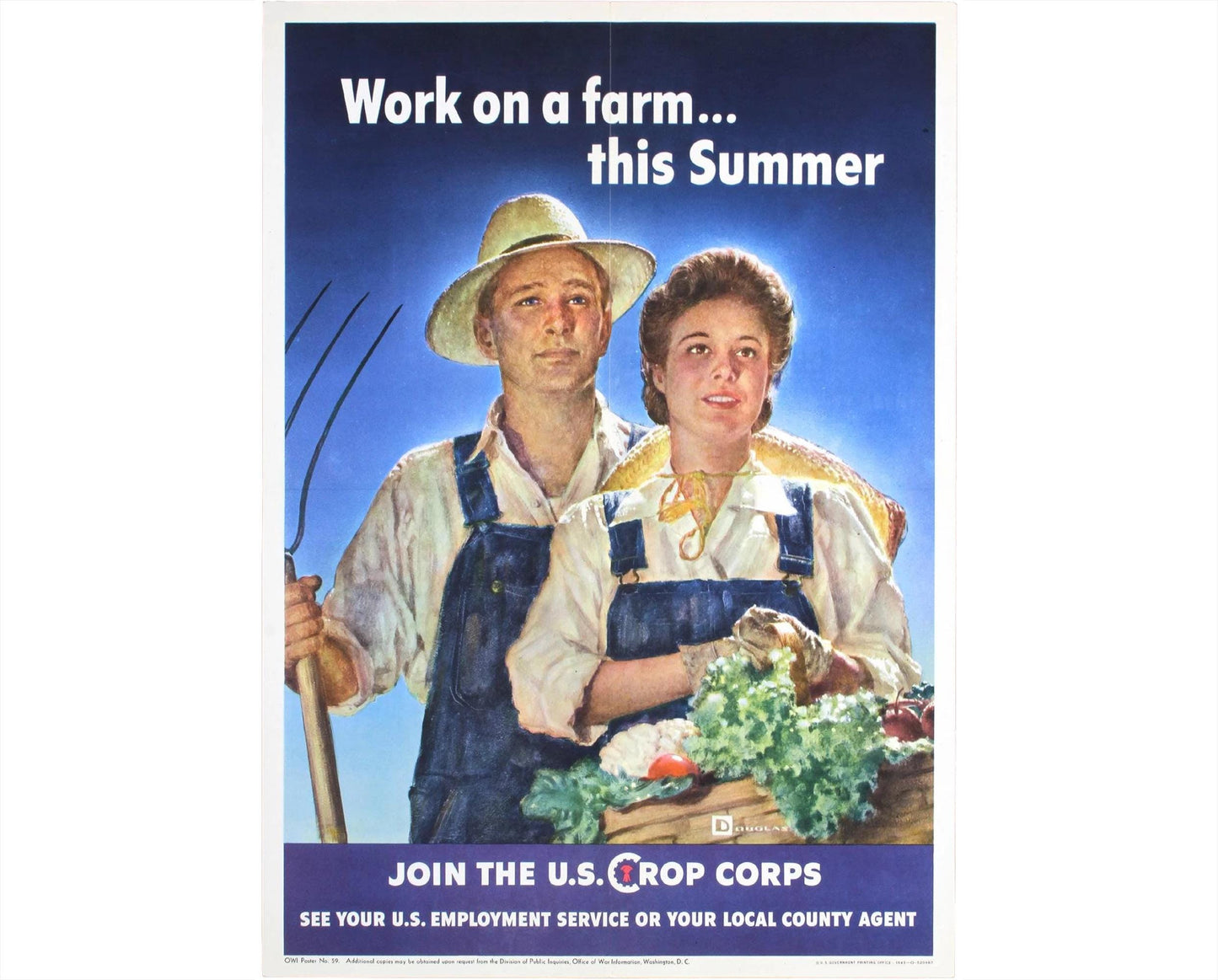 Original 1943 Work on a Farm This Summer Poster, U.S. Crop Corps WWII Farm Poster
