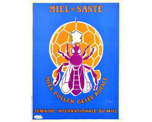 Miel Santé Original Poster, French Vintage Honey Bee Advertising Art, 1950s