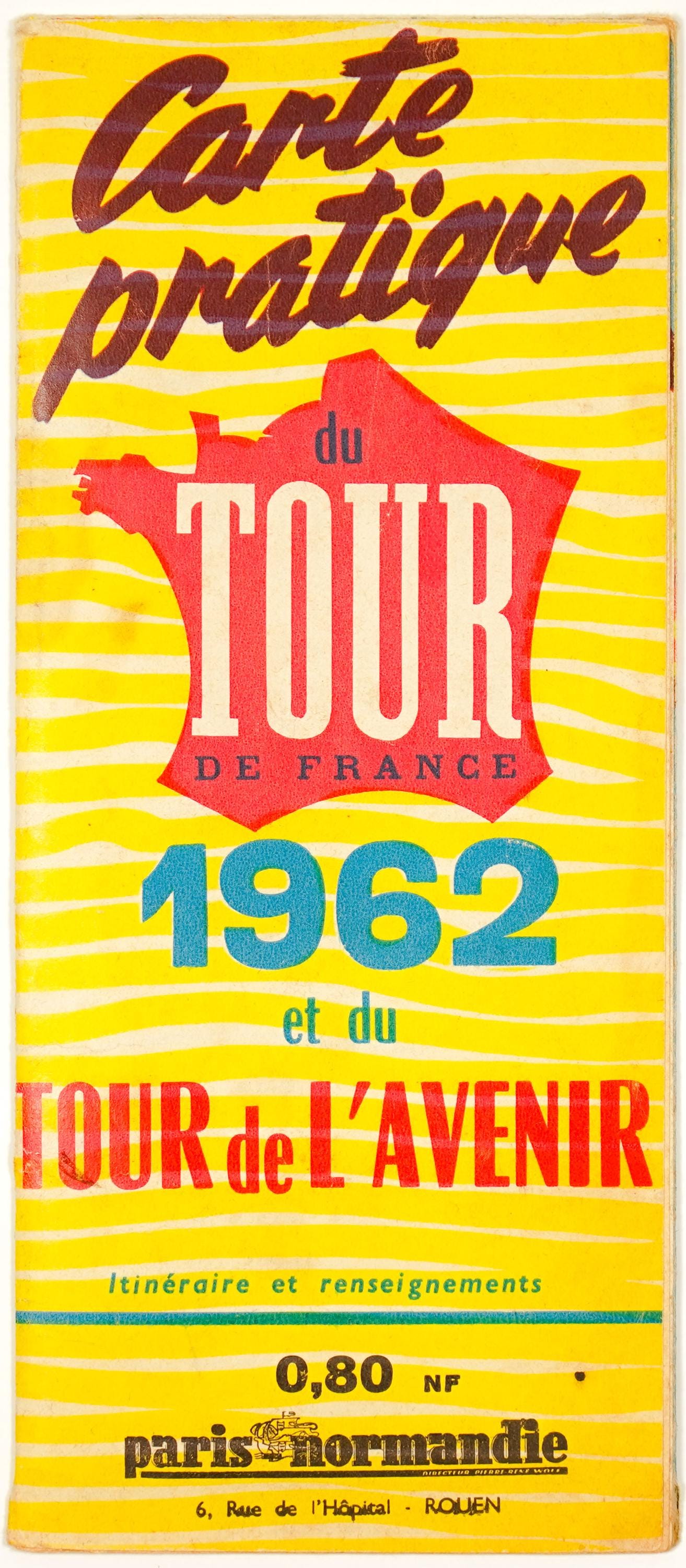 Original 1962 Tour de France & Tour de l'Avenir Route Map, Paris-Normandie Cycling Guide