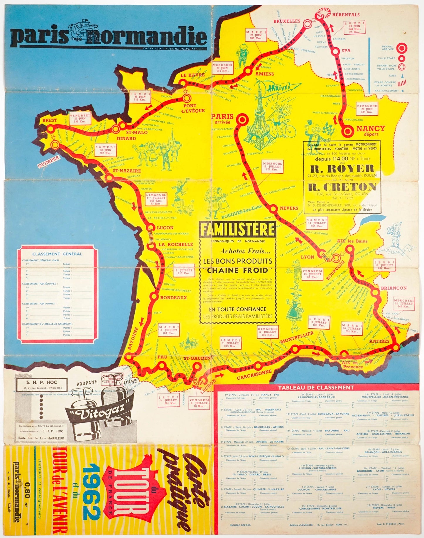 Original 1962 Tour de France & Tour de l'Avenir Route Map, Paris-Normandie Cycling Guide