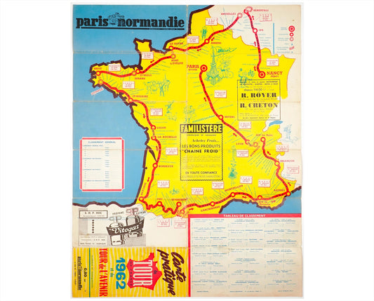 Original 1962 Tour de France & Tour de l'Avenir Route Map, Paris-Normandie Cycling Guide