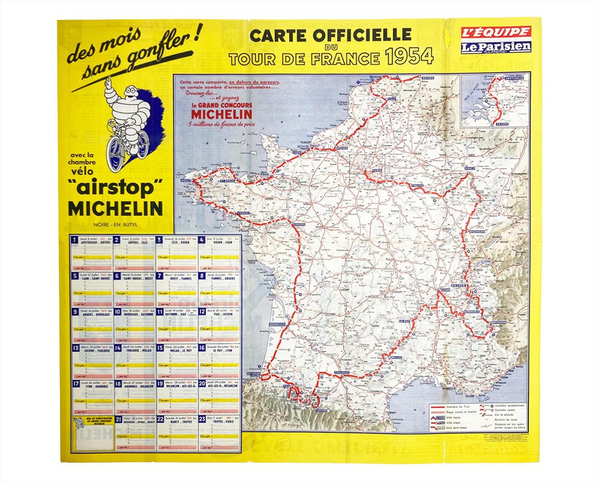 Original 1954 Tour de France Official Route Map, Michelin L'Équipe Le Parisien Cycling Guide