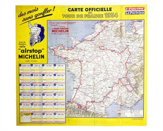 Original 1954 Tour de France Official Route Map, Michelin L'Équipe Le Parisien Cycling Guide