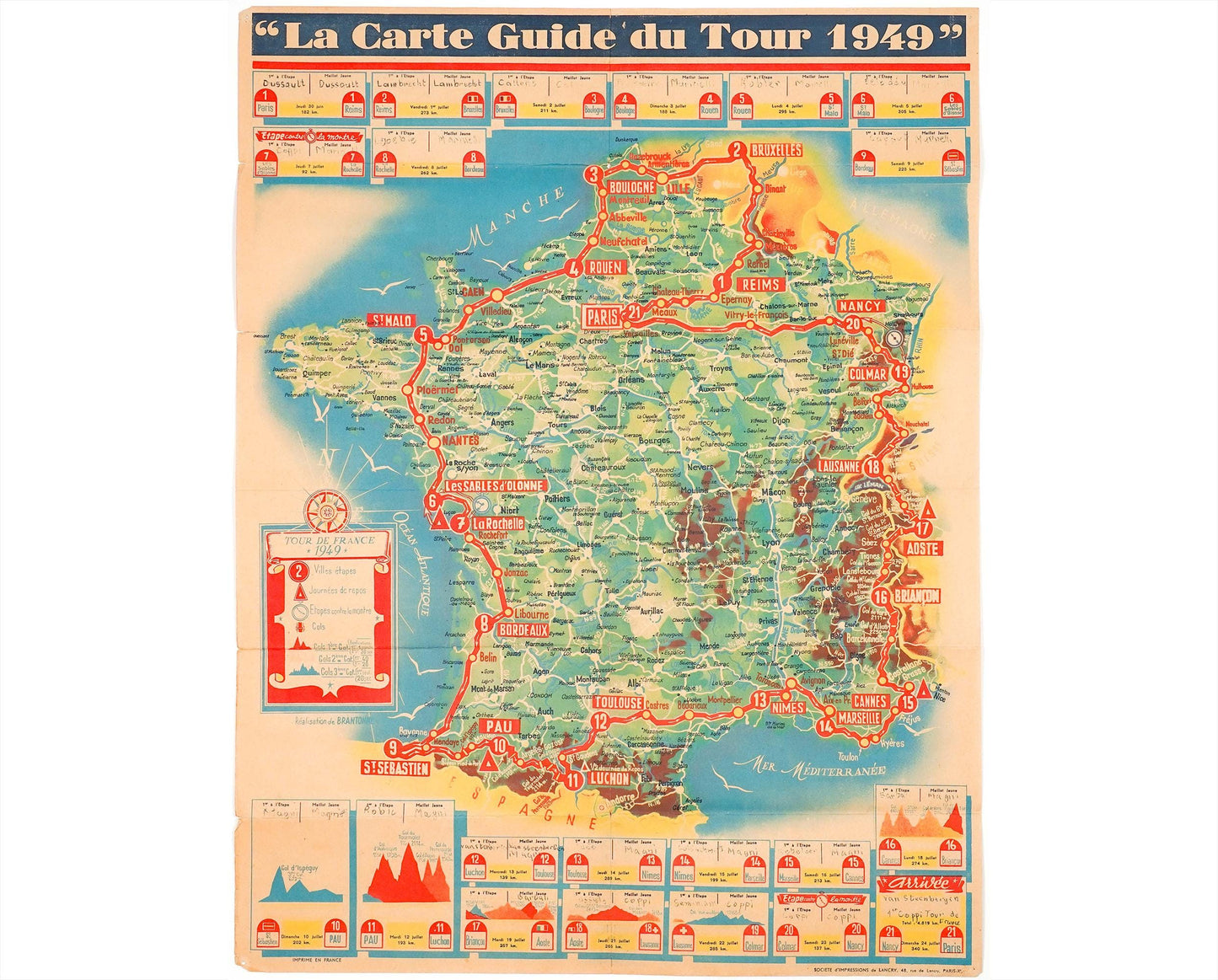 Original 1949 Tour de France Route Guide, La Carte Guide du Tour 1949, Fausto Coppi Cycling Ephemera