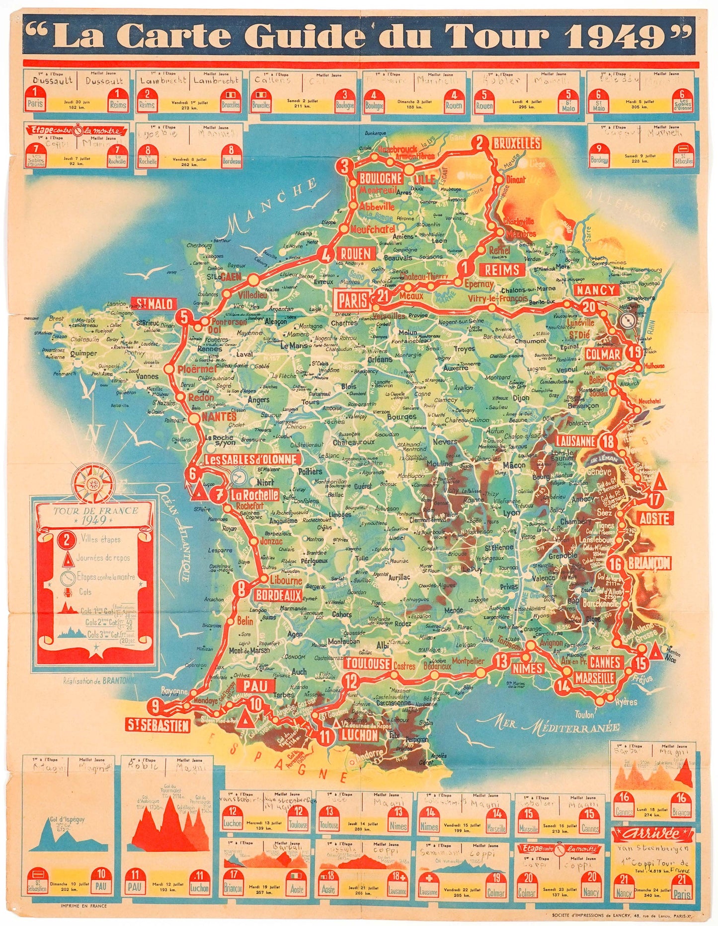Original 1949 Tour de France Route Guide, La Carte Guide du Tour 1949, Fausto Coppi Cycling Ephemera