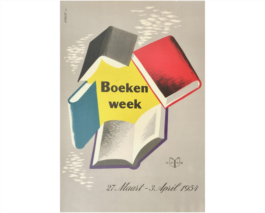 Original 1954 Boekenweek Poster by Rabot, Dutch Book Week Mid-Century Graphic Design