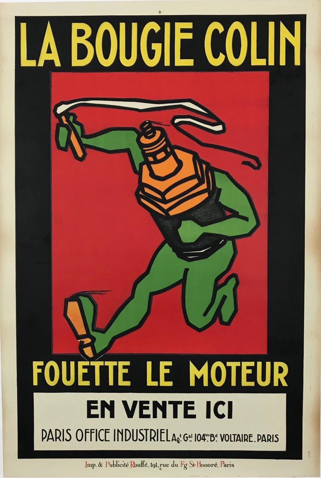 1920s Original French Advertising Poster - La Bougie Colin, Spark Plug Art Deco